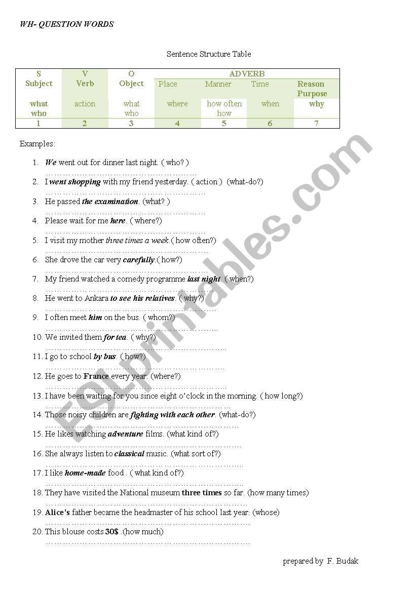 wh- question words worksheet