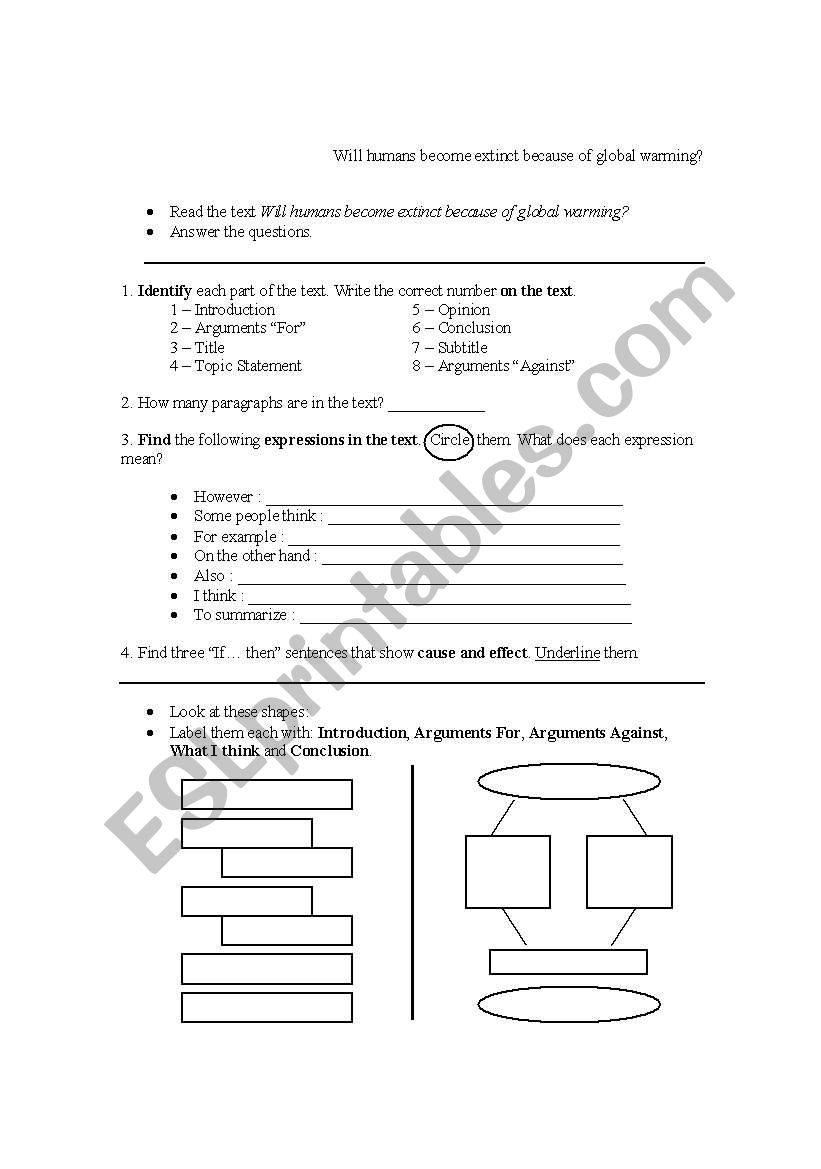 Will humans become extinct because of global warming - discursive text worksheet