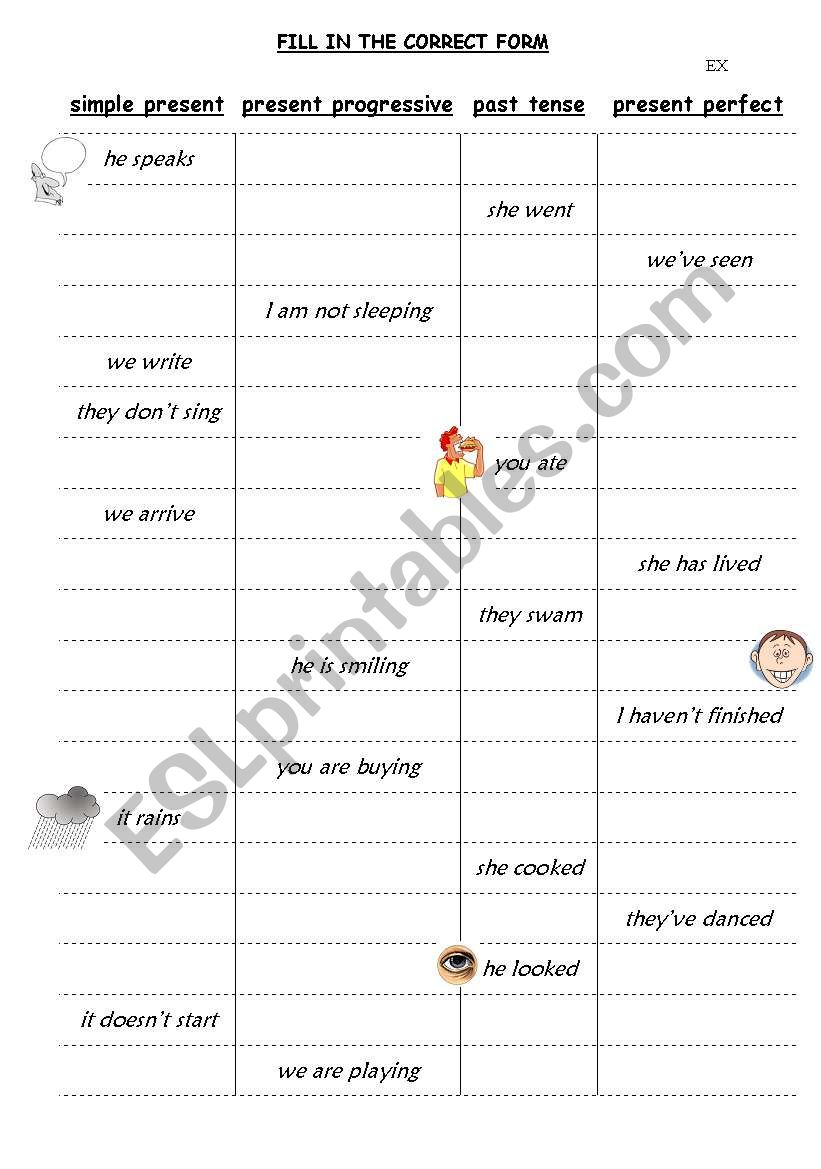 Mixed tenses verb forms grid worksheet