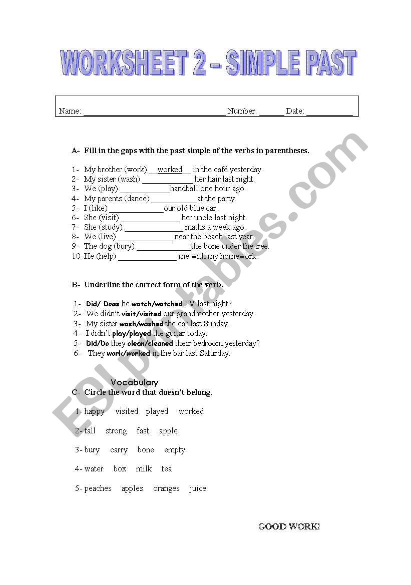 worksheet 2 simple past worksheet