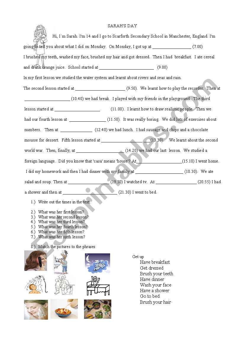 Sarahs day worksheet