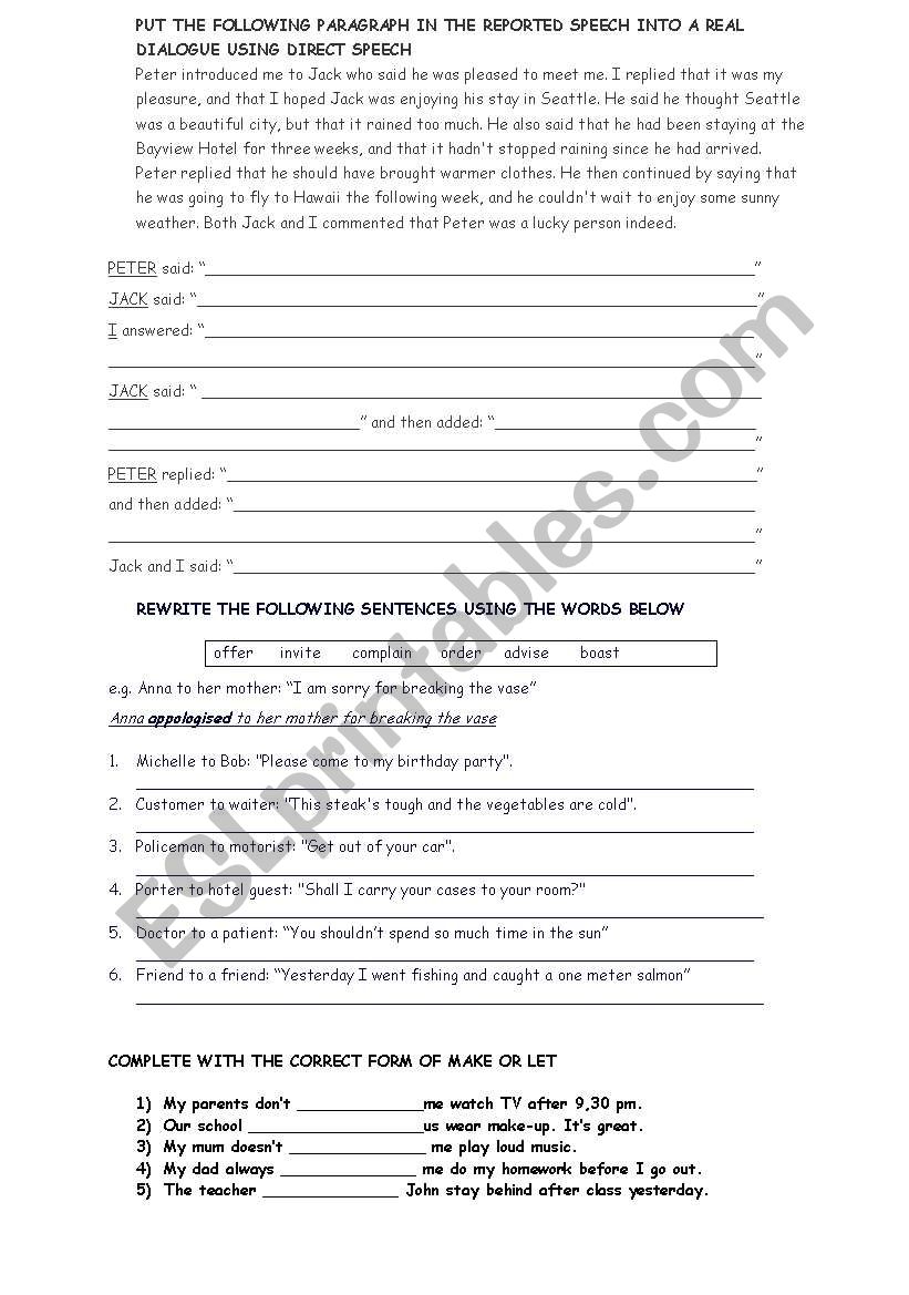 reported exercises worksheet