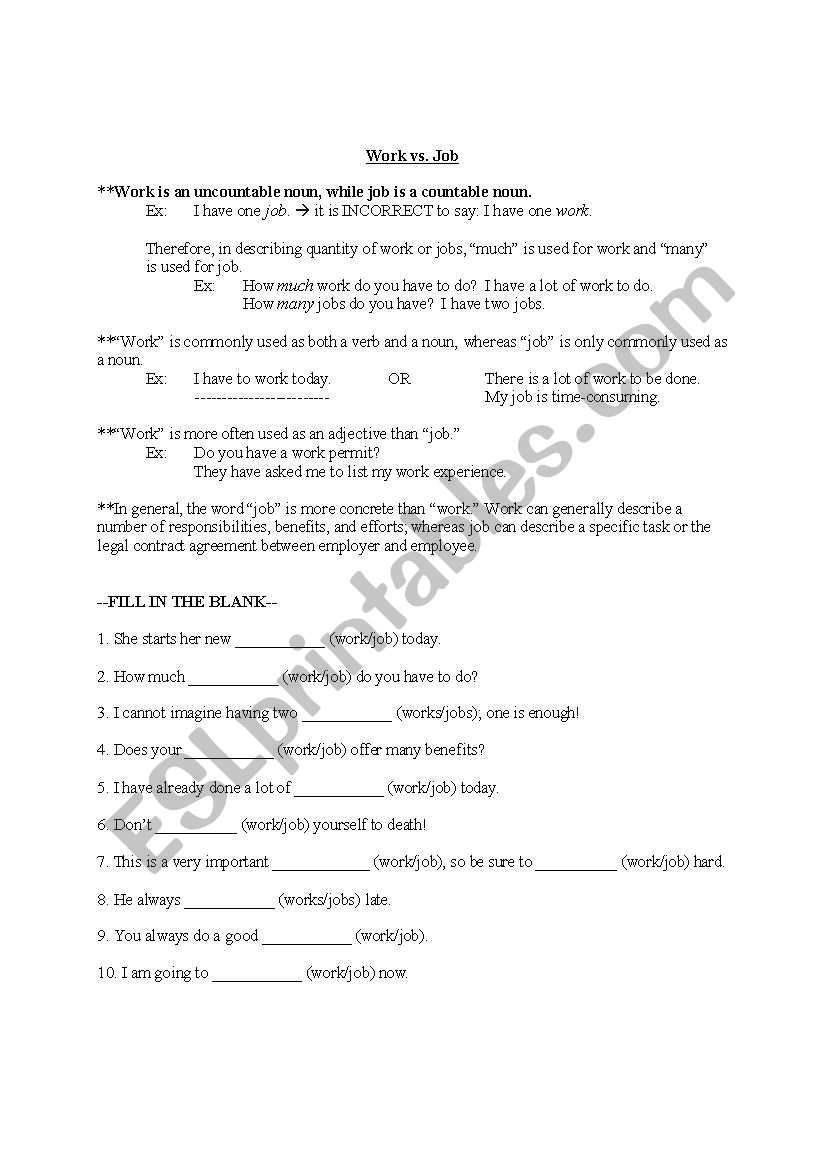 Work versus Job worksheet