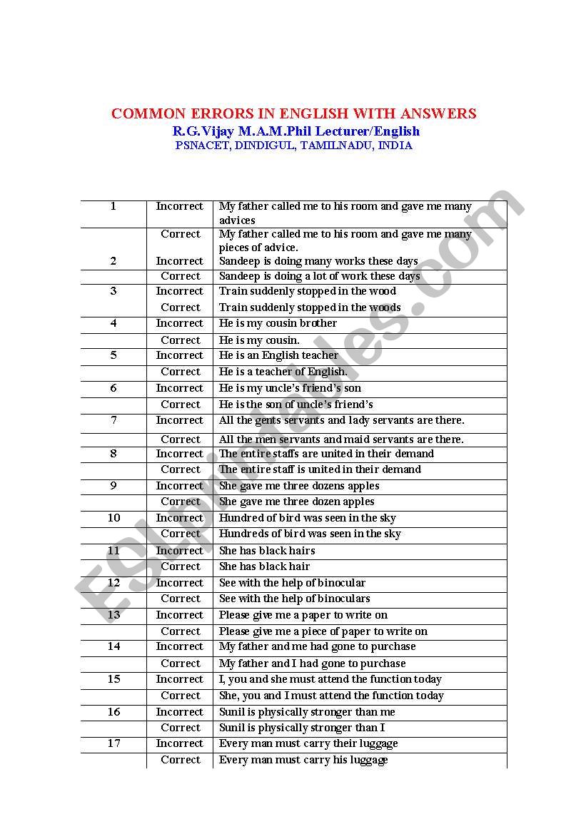 COMMON ERRORS IN ENGLISH WITH ANSWERS