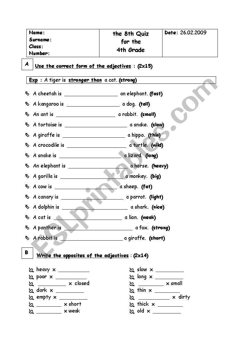 A Quiz on Comparison of Adjectives