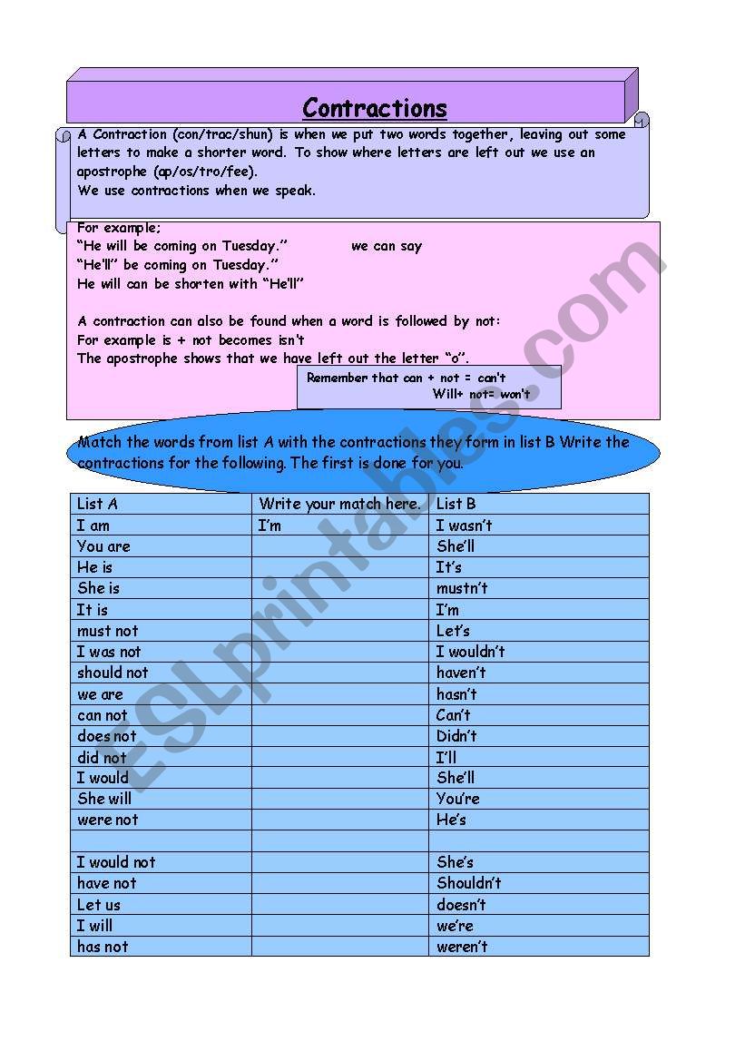 Contractions worksheet