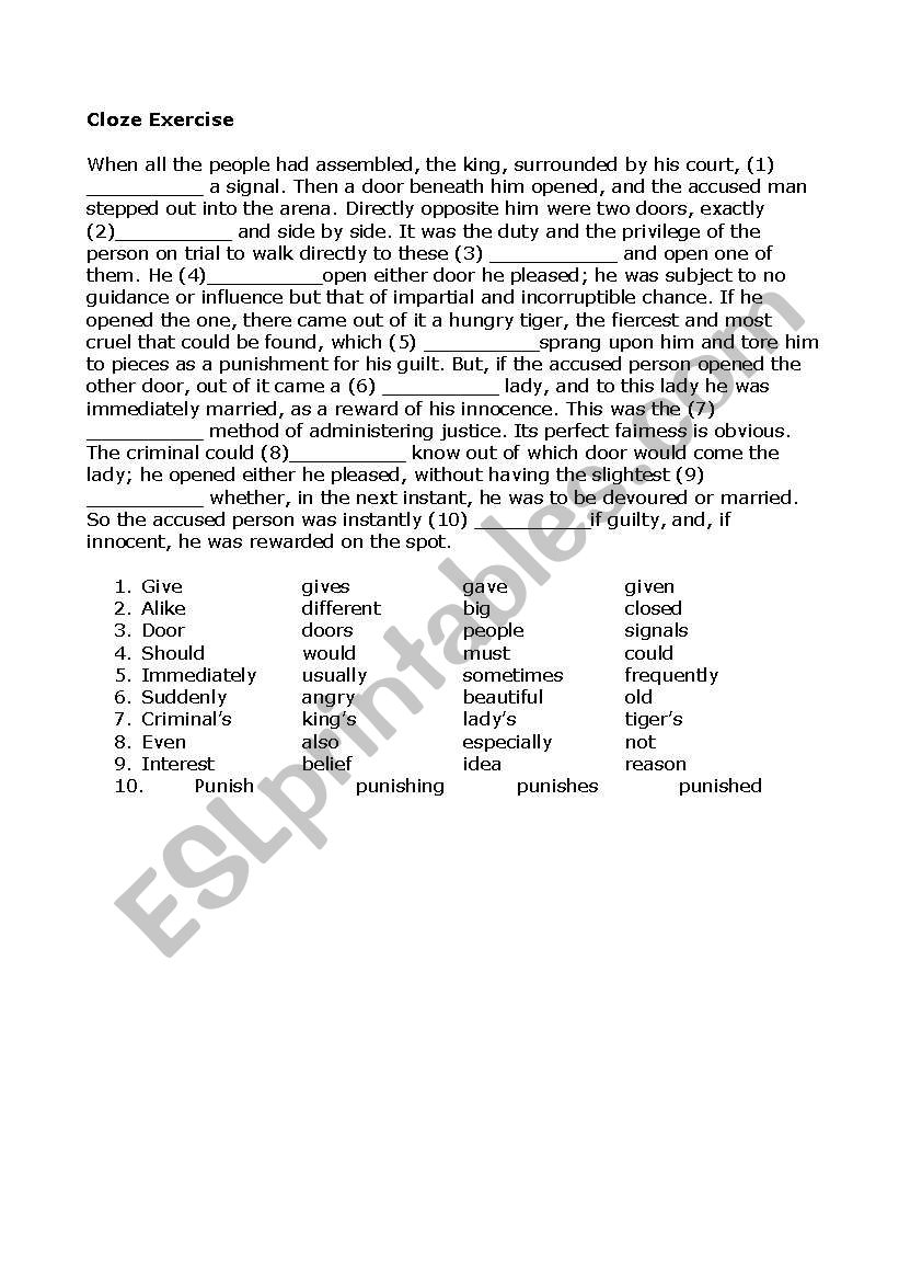 English Cloze Exercise worksheet