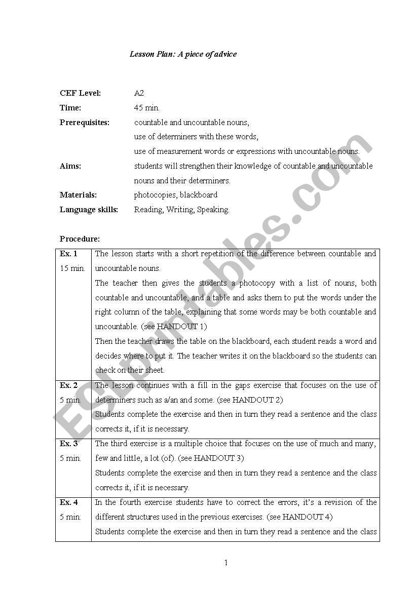 A piece of advice worksheet