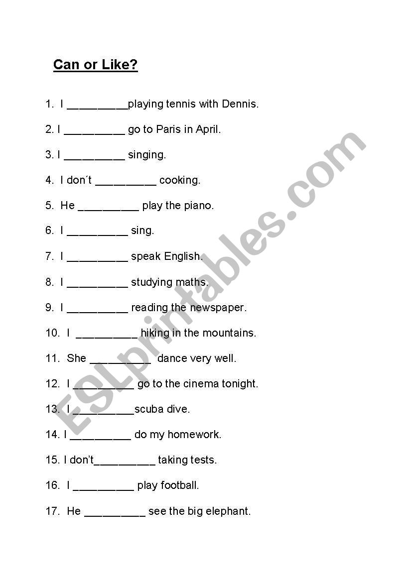 Can or Like. worksheet