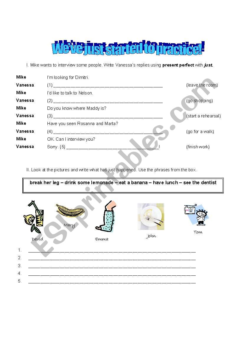 Present perfect using JUST worksheet