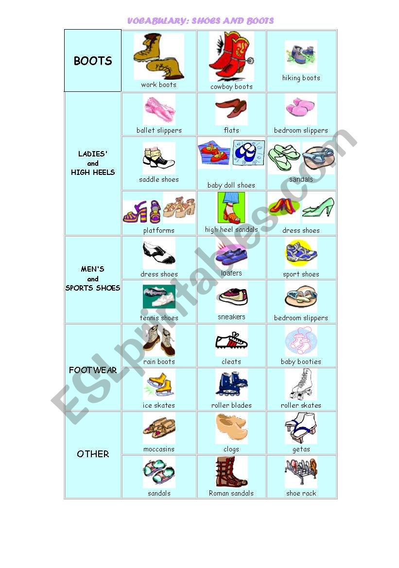 DIFERENT TYPES OF SHOES worksheet