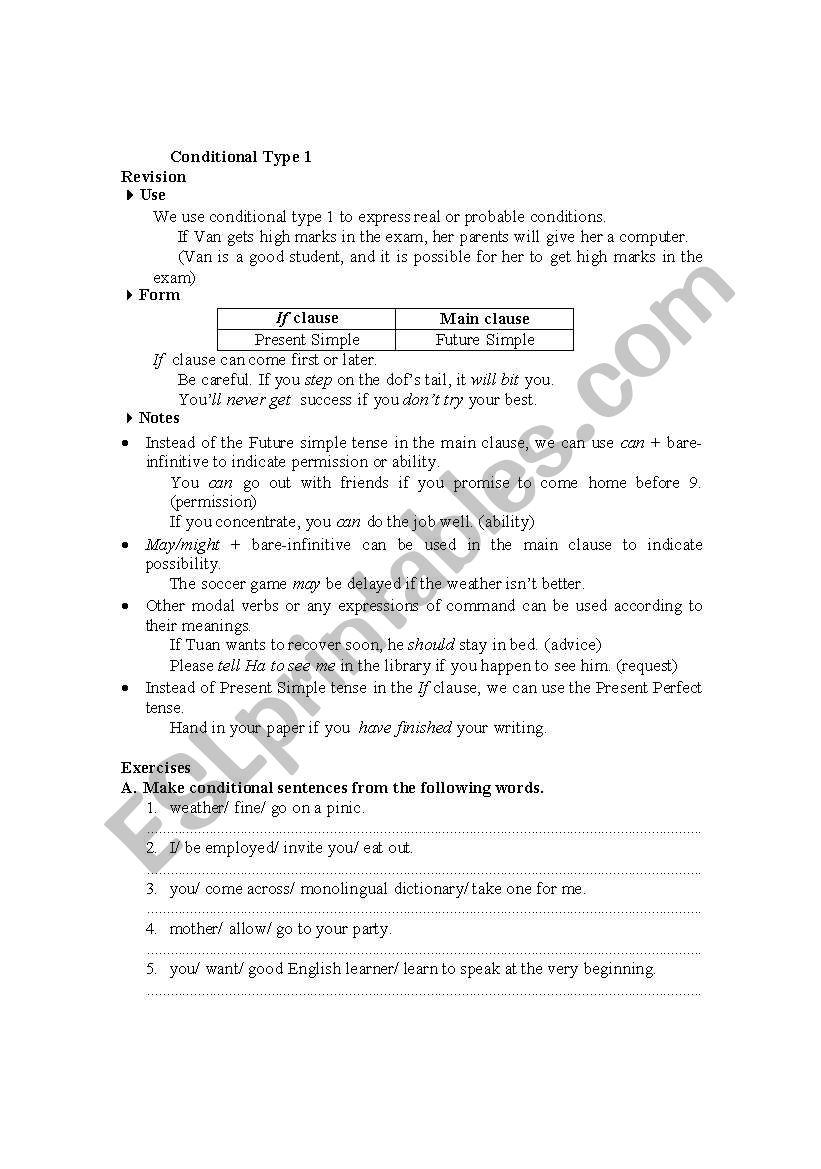 conditional type 1 worksheet