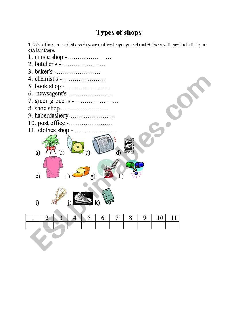 Types of shops worksheet