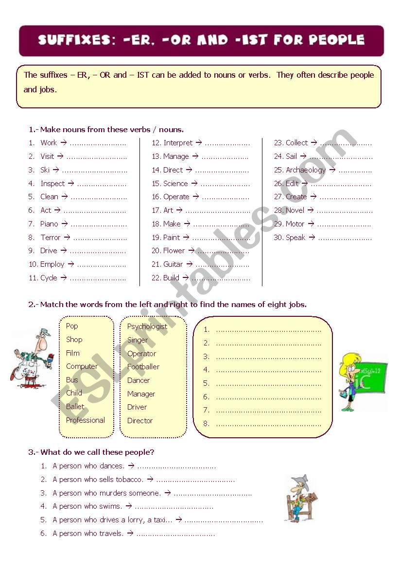 Suffixes: - er, -or and -ist for people