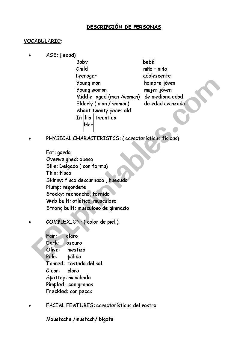 Physical description worksheet