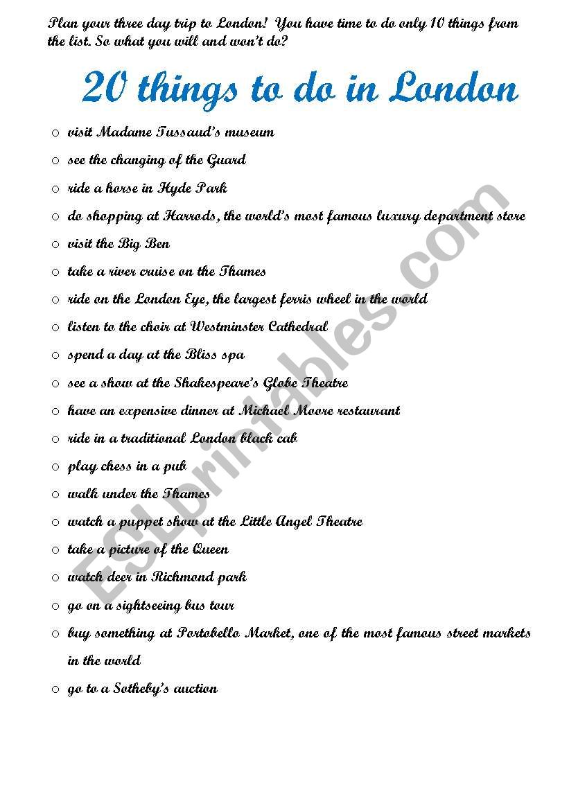 20 things to do in London worksheet