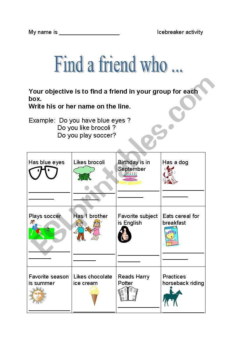 Find a Friend Who worksheet