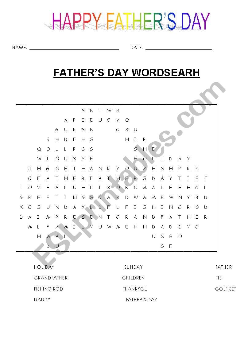 Fathers day wordsearch worksheet