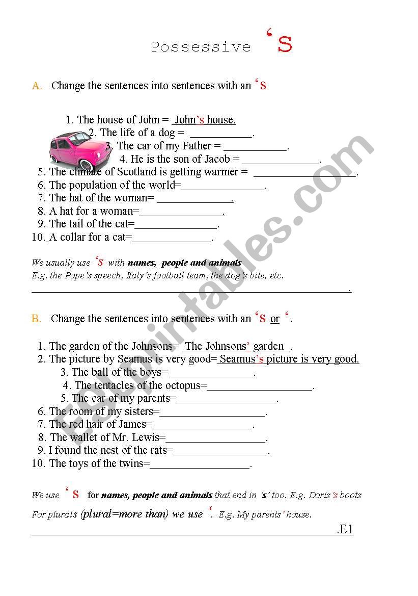 Possessive Â´S Worksheet worksheet