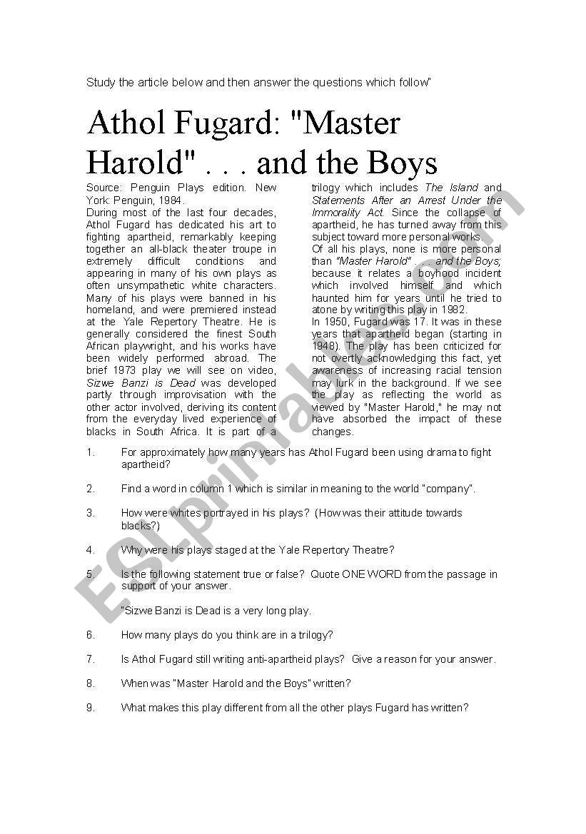 Master Harold and the Boys - Reading Comprehension