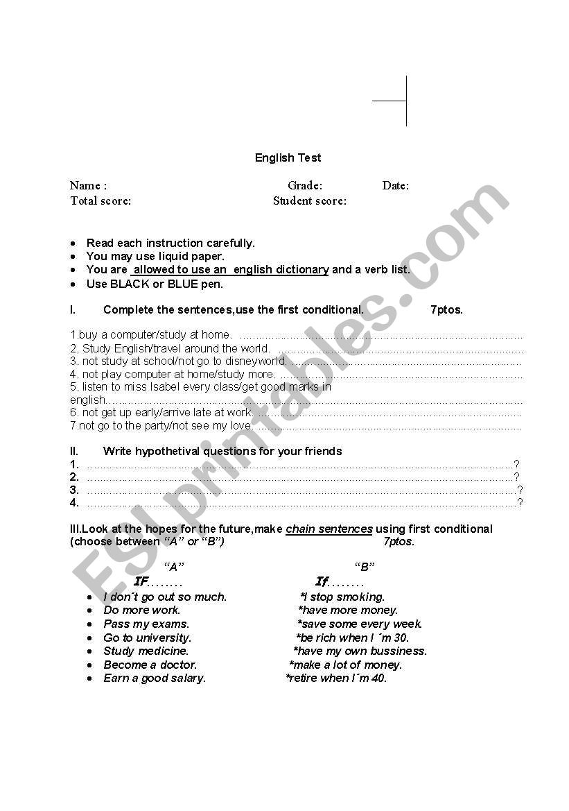 Conditional test worksheet