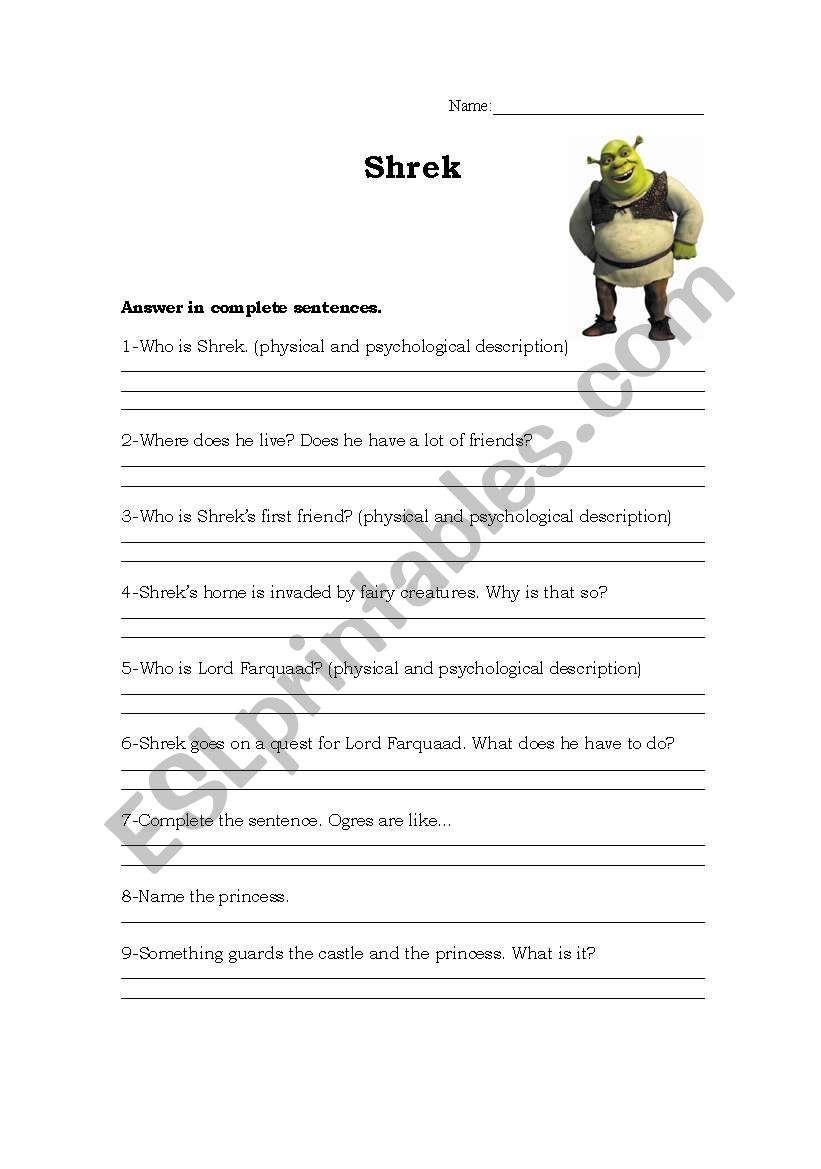 Shrek 1 movie quesitonnaire worksheet