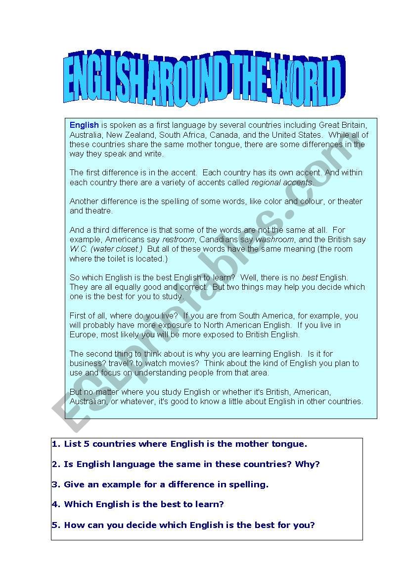 English around the world worksheet