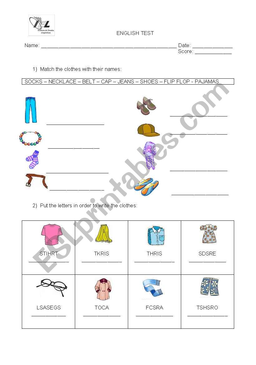e test about clothes worksheet