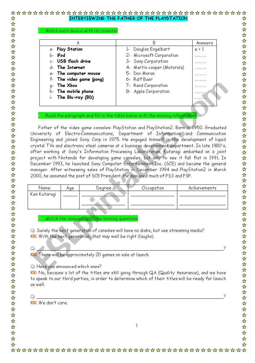 Play Station worksheet