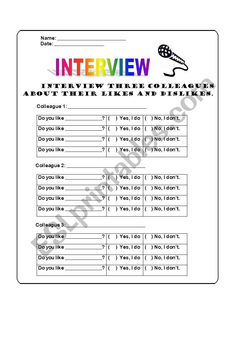 Likes and deslikes worksheet