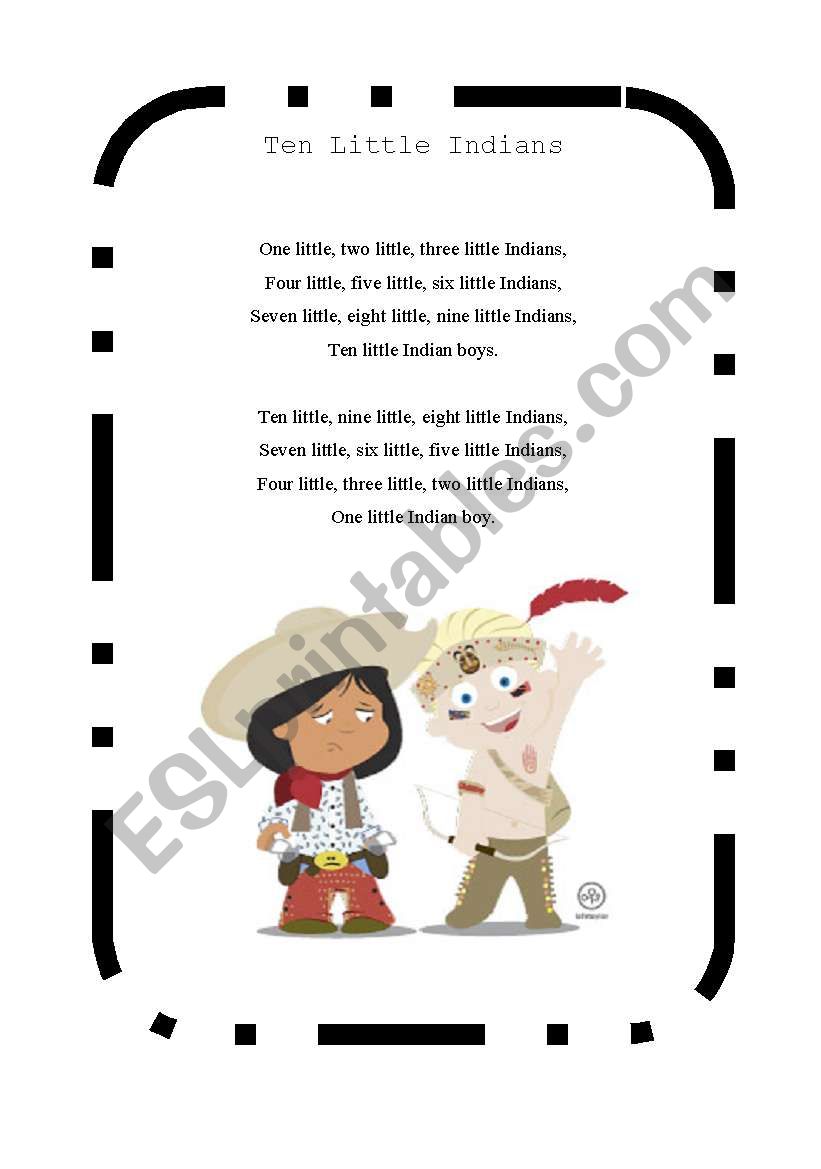 Ten little indians song worksheet