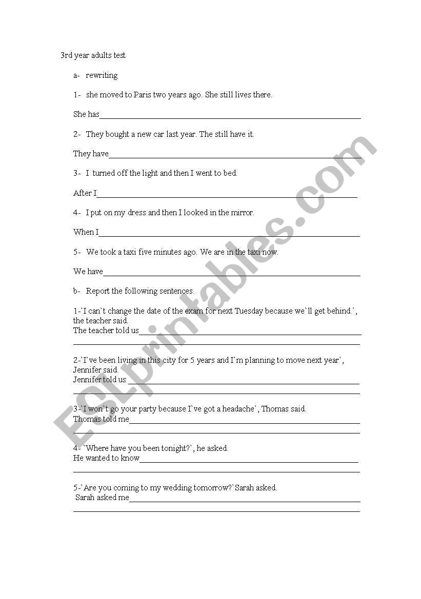 adult intermediate exam worksheet