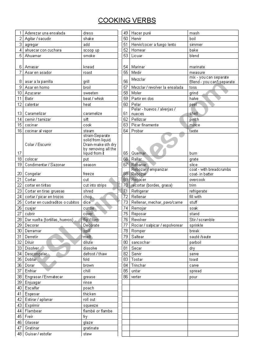 COOKING VERBS worksheet