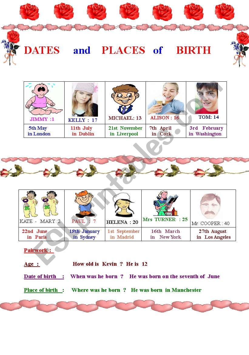 Pairwork  about  age , date  and  place  of  birth 