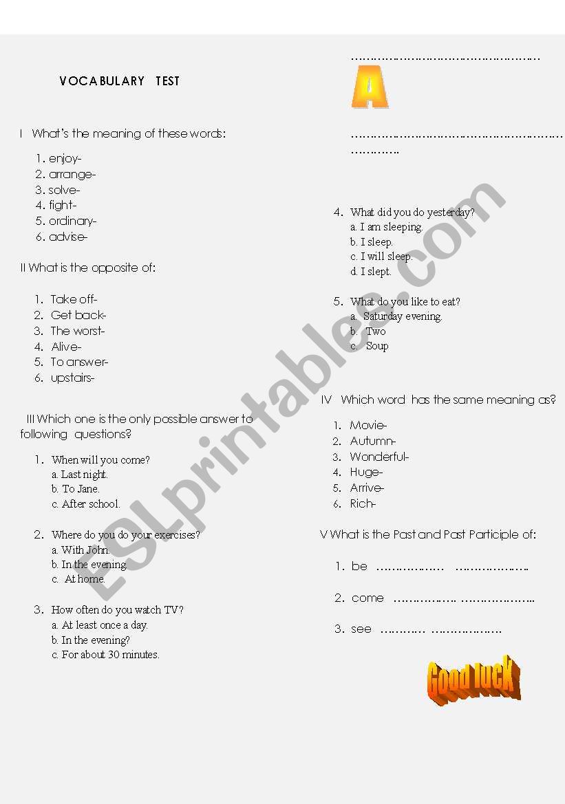 Vocabulary Test worksheet