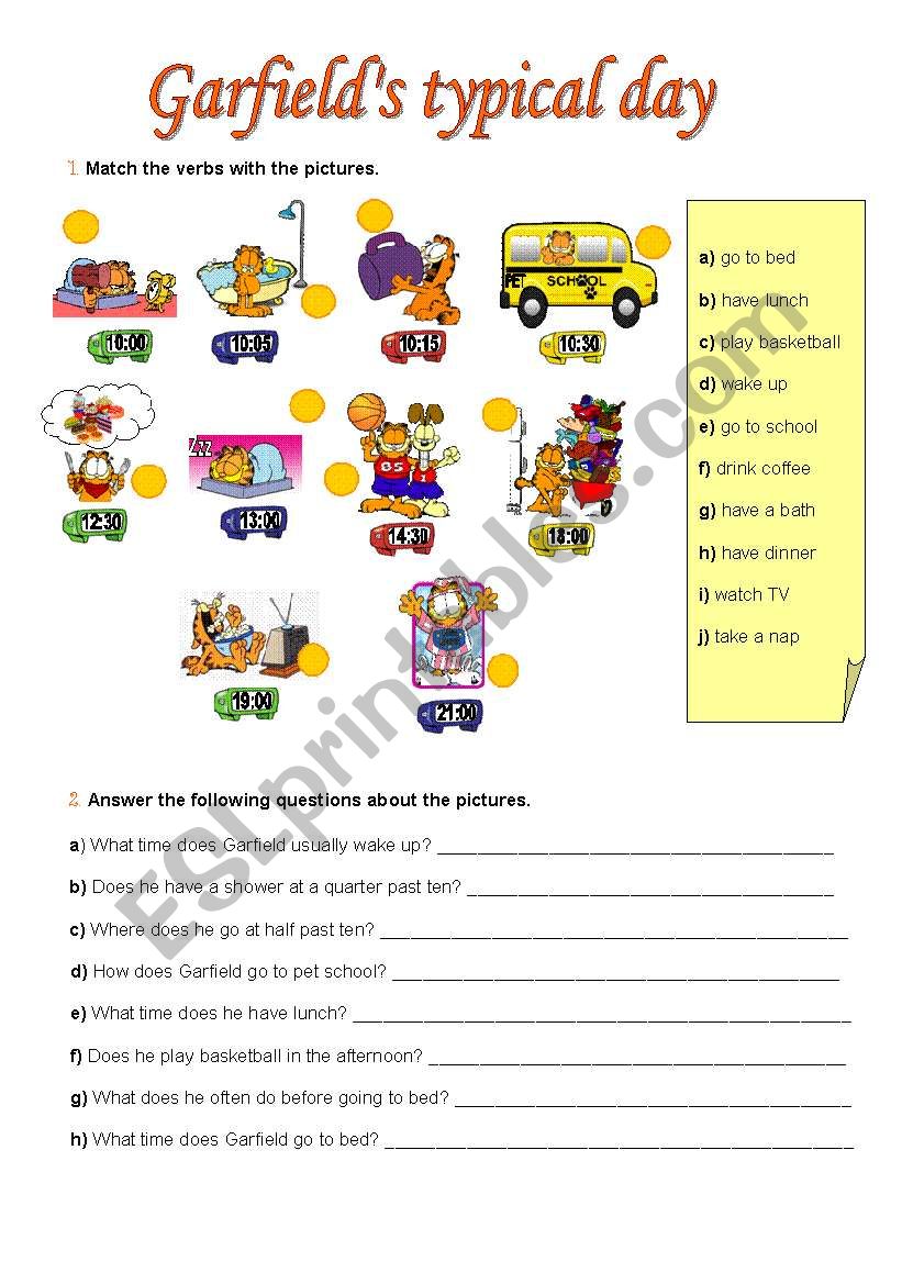 Garfields typical day worksheet