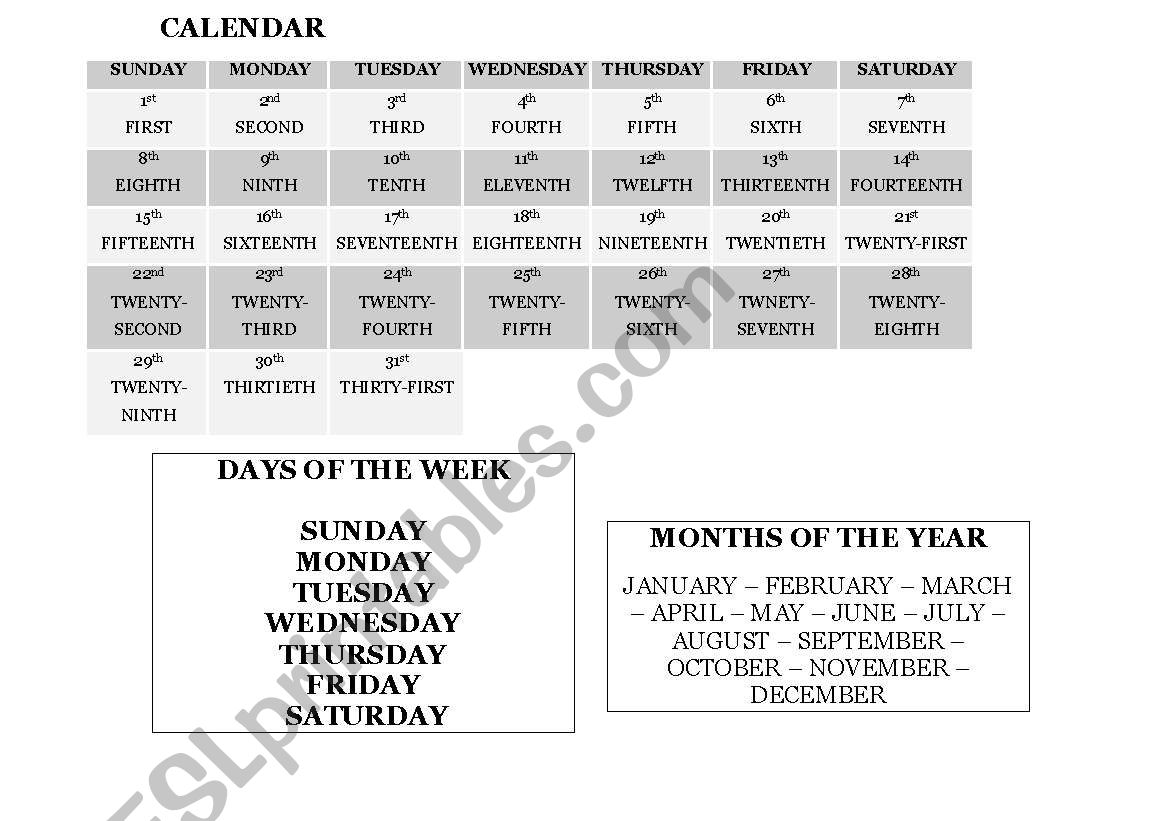 Calendar worksheet