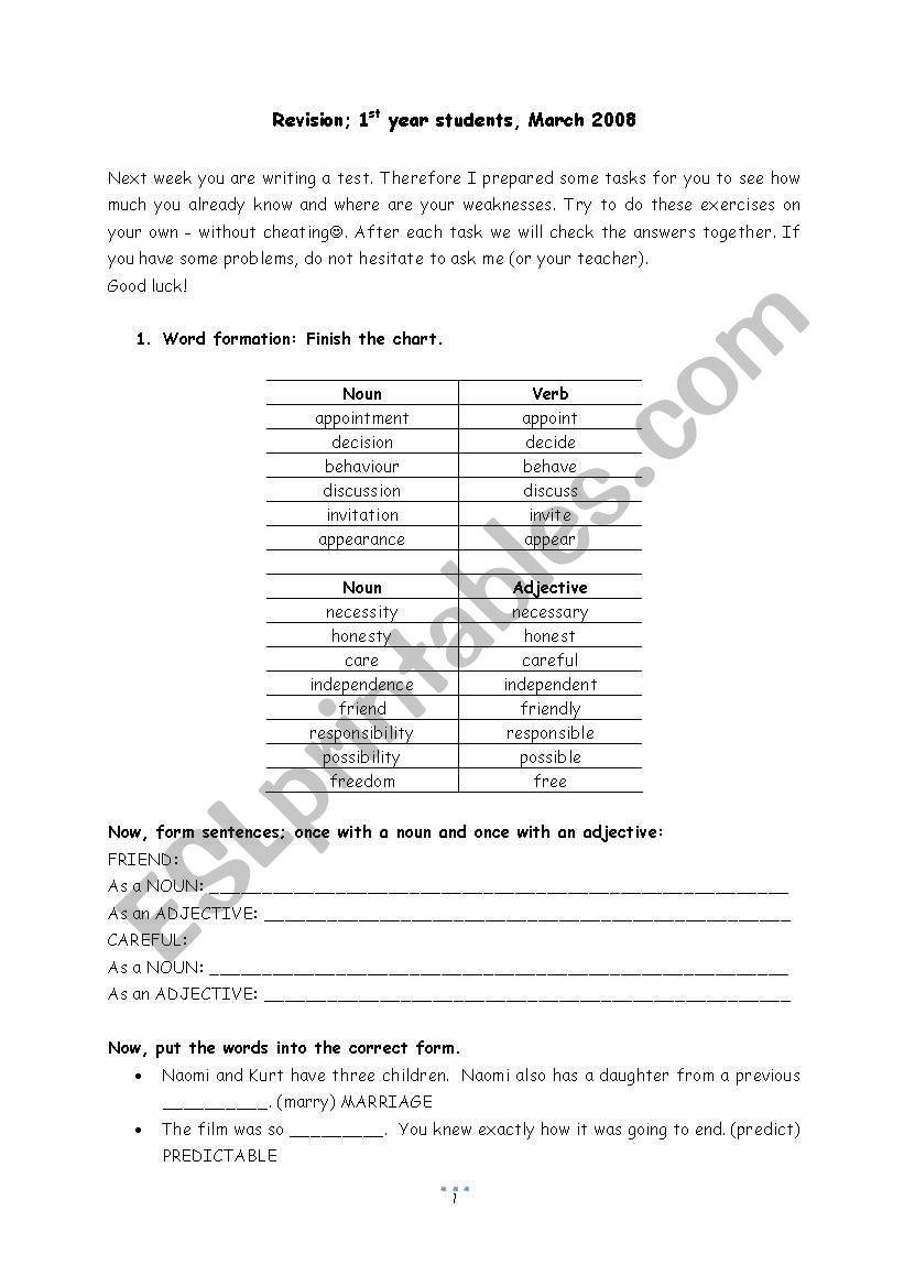 Revision of grammar worksheet