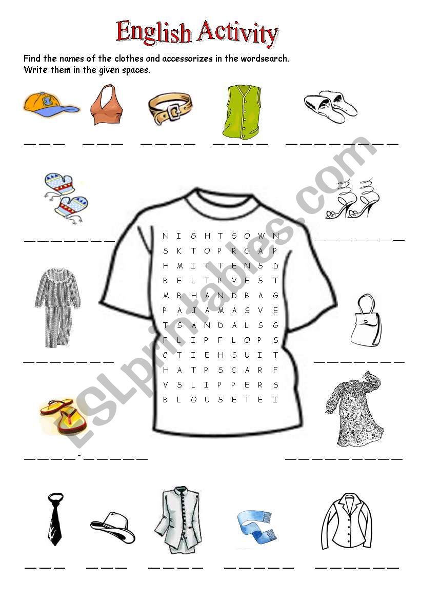 Clothes Word Hunting worksheet