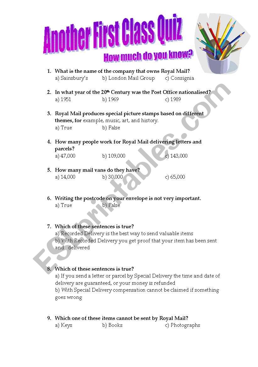 Another First Class Quiz worksheet