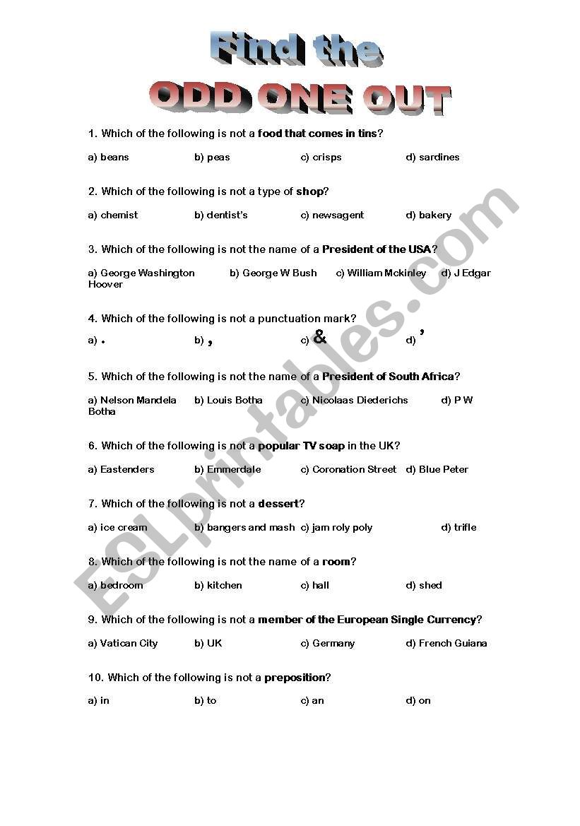 Find the ODD ne out worksheet