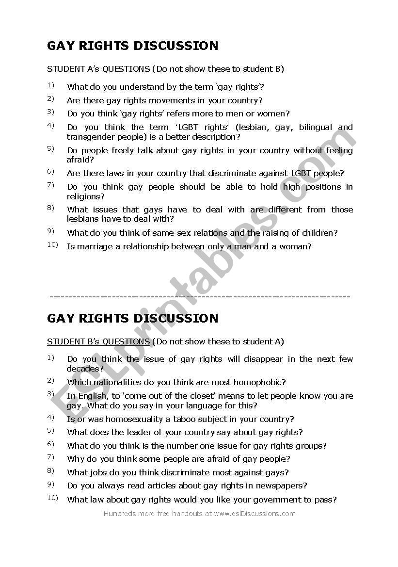 gay rights disscusion worksheet
