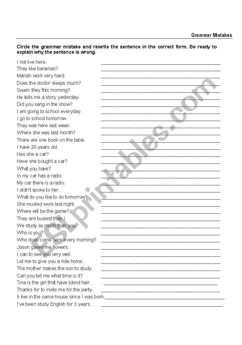 Grammar mistakes worksheet