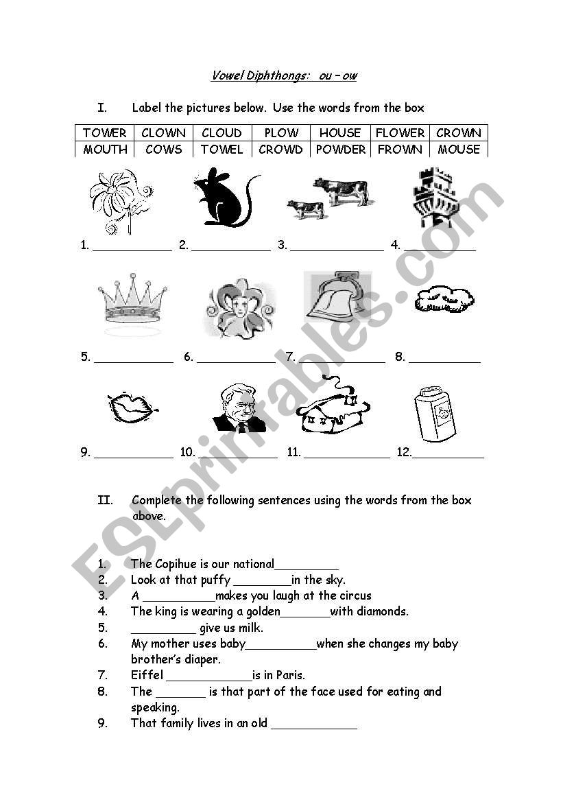 Vowel Diphtongs   ou - ow worksheet