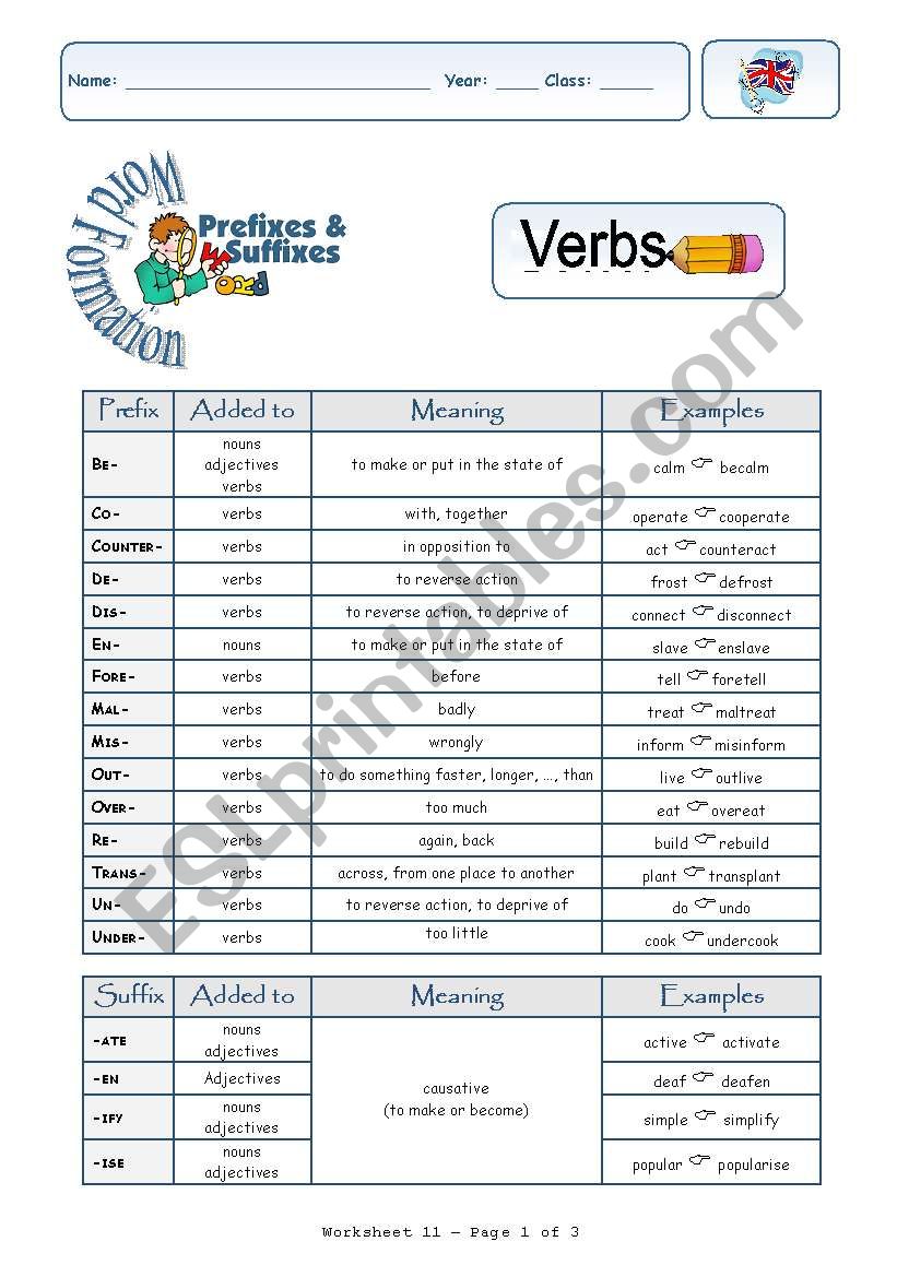 Prefixes and Suffixes-Verbs worksheet