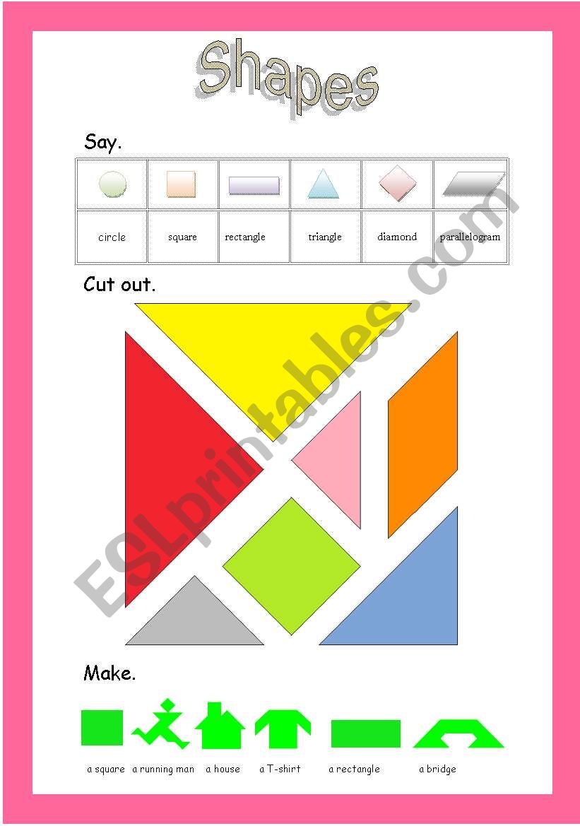 Shapes Worksheet - Say some shapes/Cut out some puzzle pieces/Make various things from the puzzles pieces
