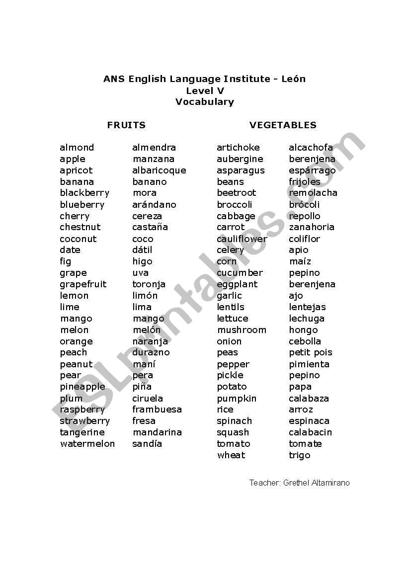 Fruits and Vegetables vocabulary