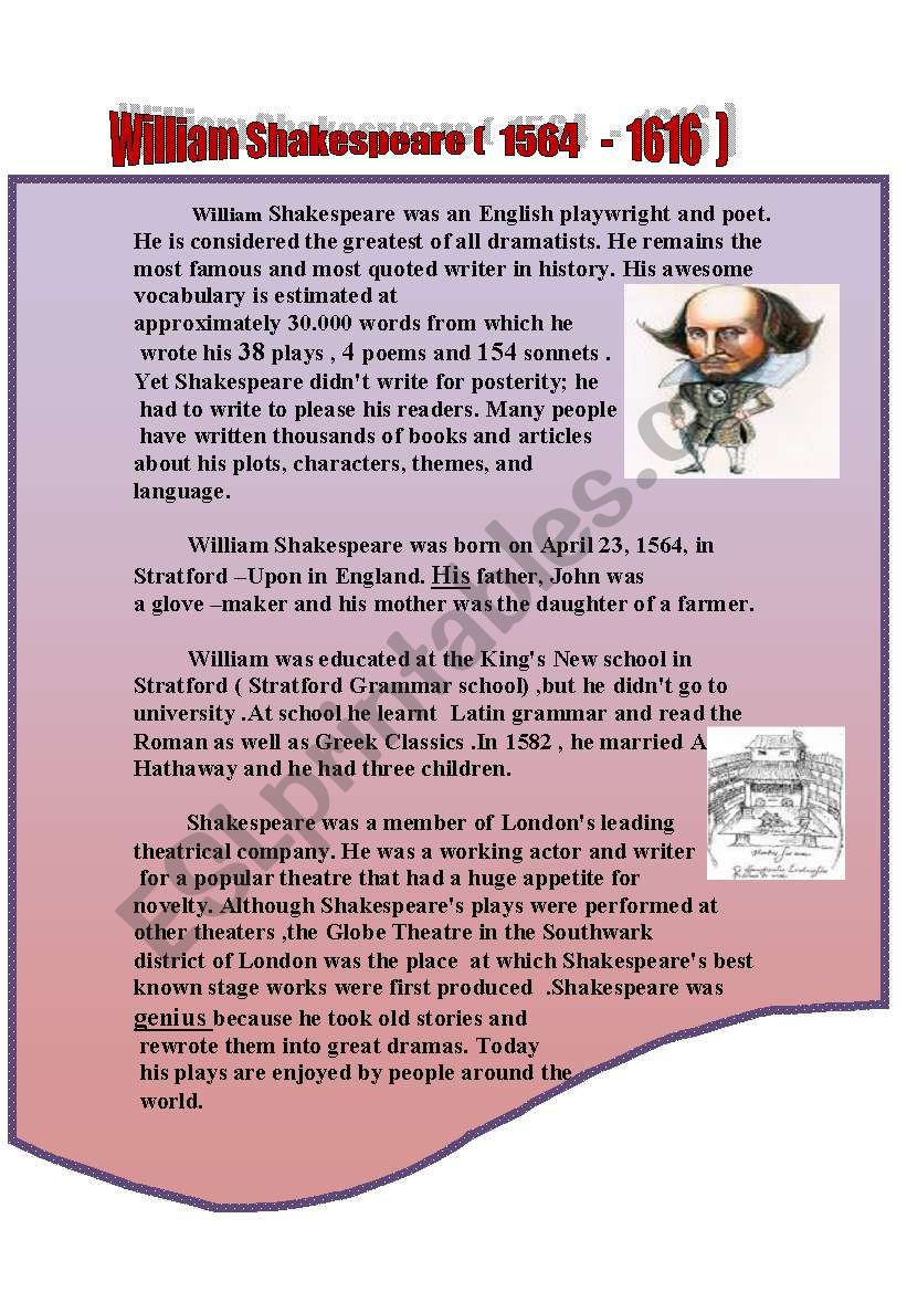 William Shakespear worksheet