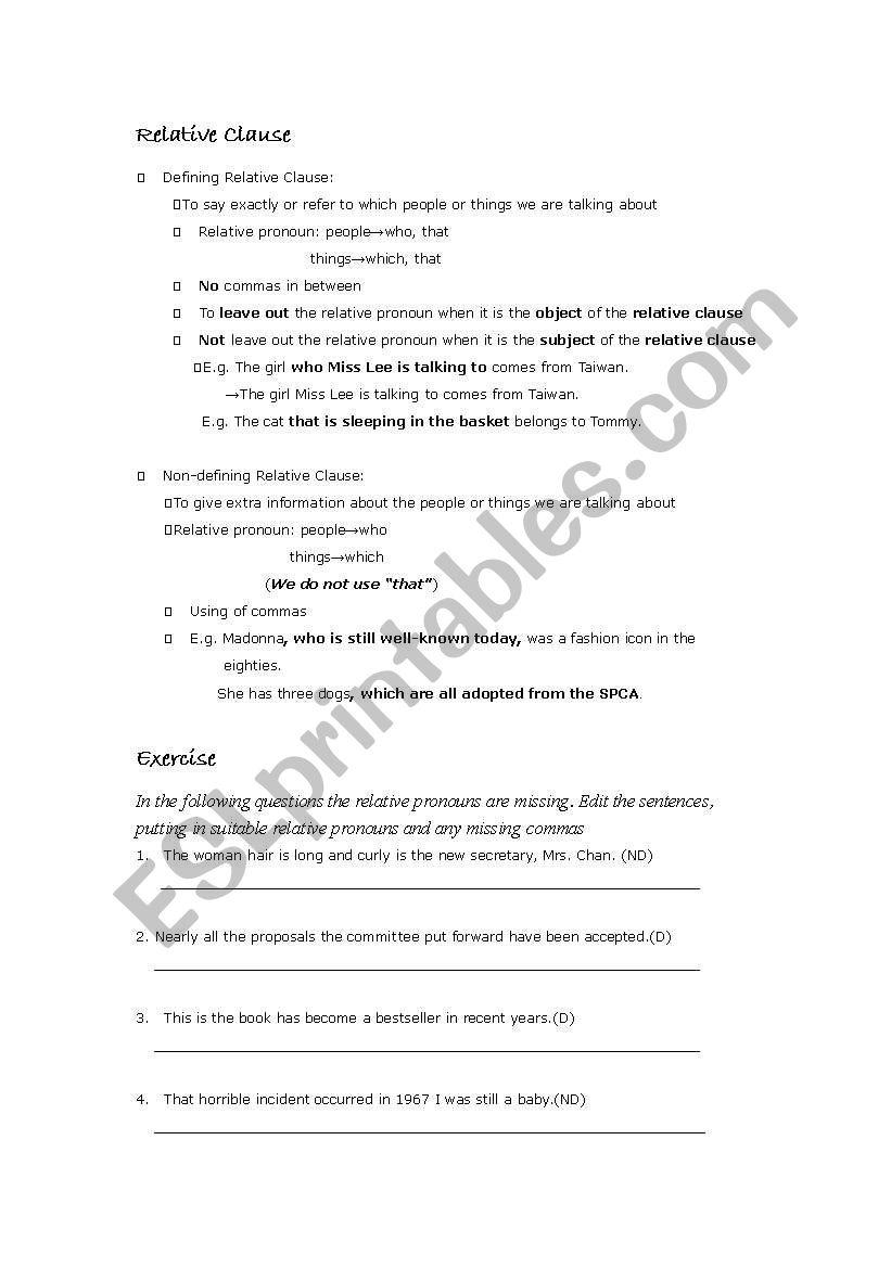 relative clause worksheet