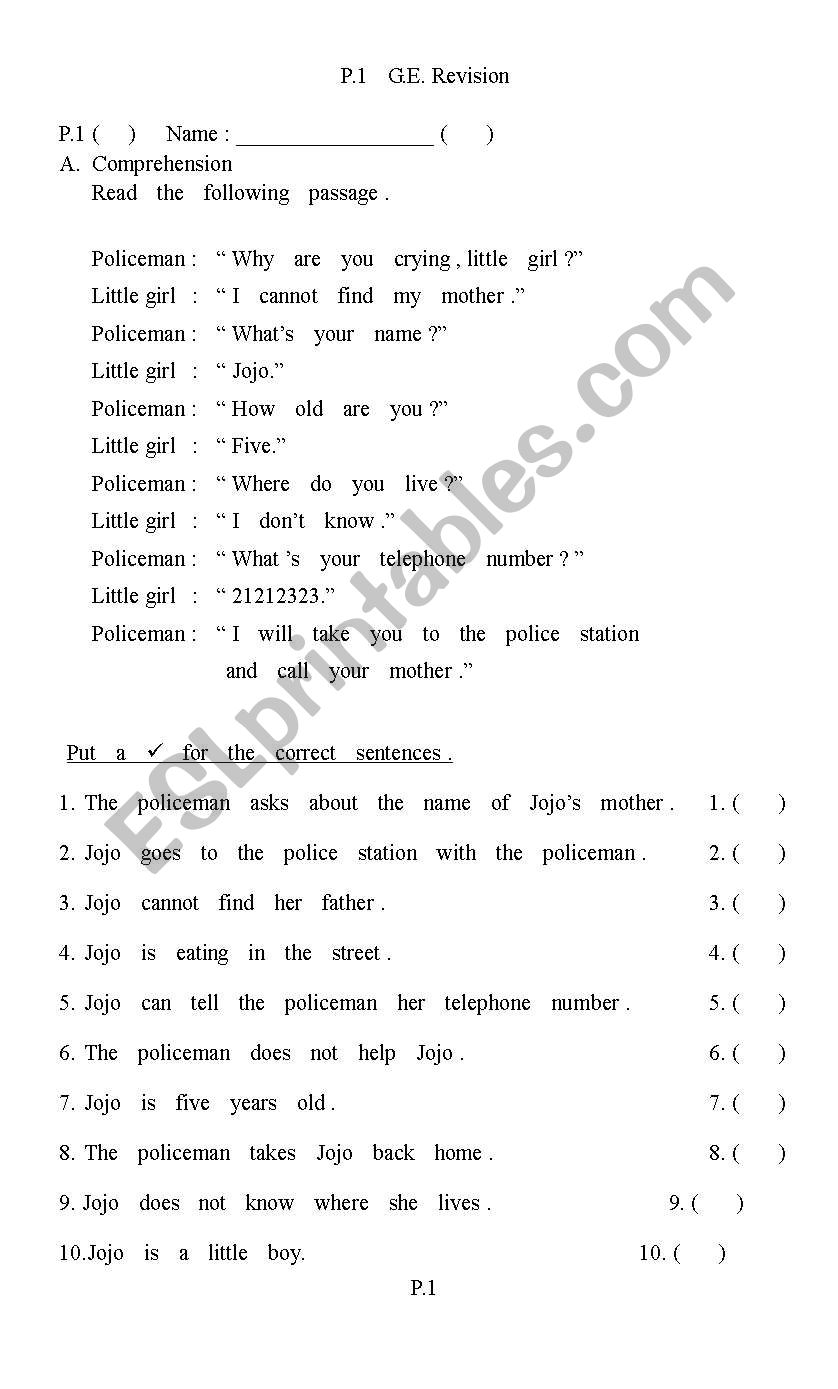 P.1 English worksheet